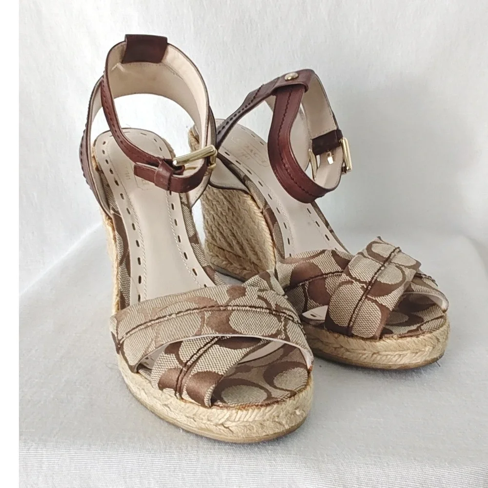 Coach Espadrille Wedge Sandals Brown Monogram Canvas Ankle Strap 2000s 39 8.5